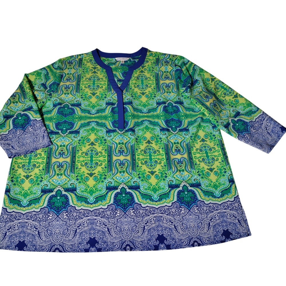 TravelSmith Womens 3X Green Blue Paisley Split Neck 3/4 Sleeve Tunic Top